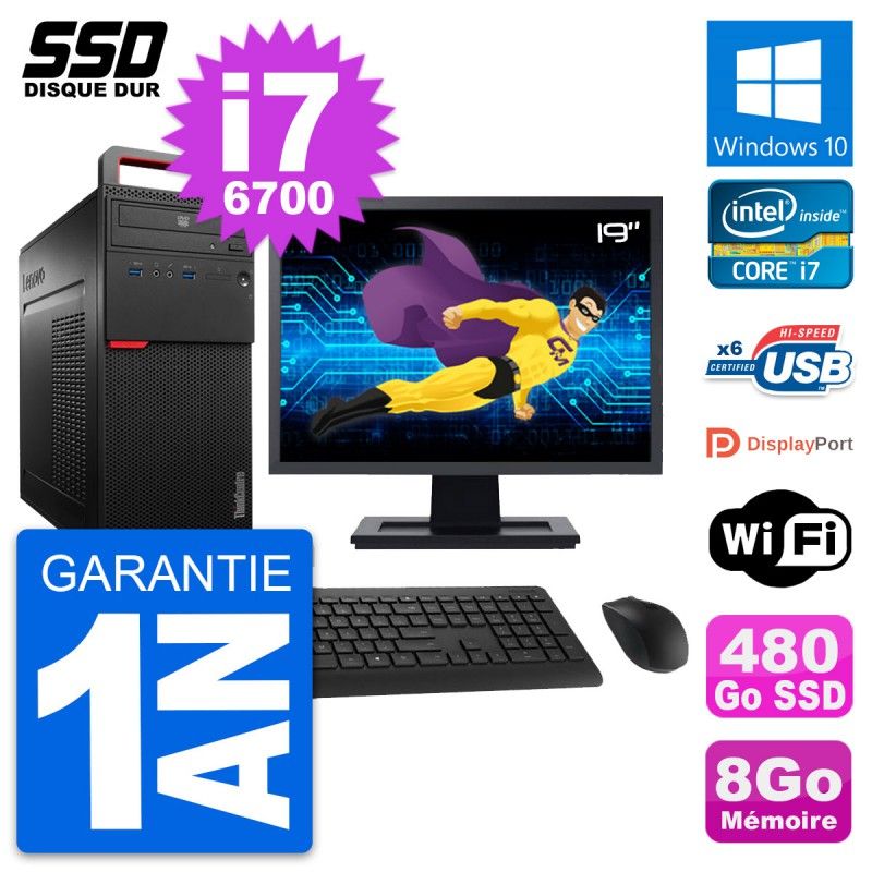 Lenovo M700 Desktop PC - 19" Screen, Intel i7-6700, 8GB RAM, 480GB SSD, Windows 10, WiFi