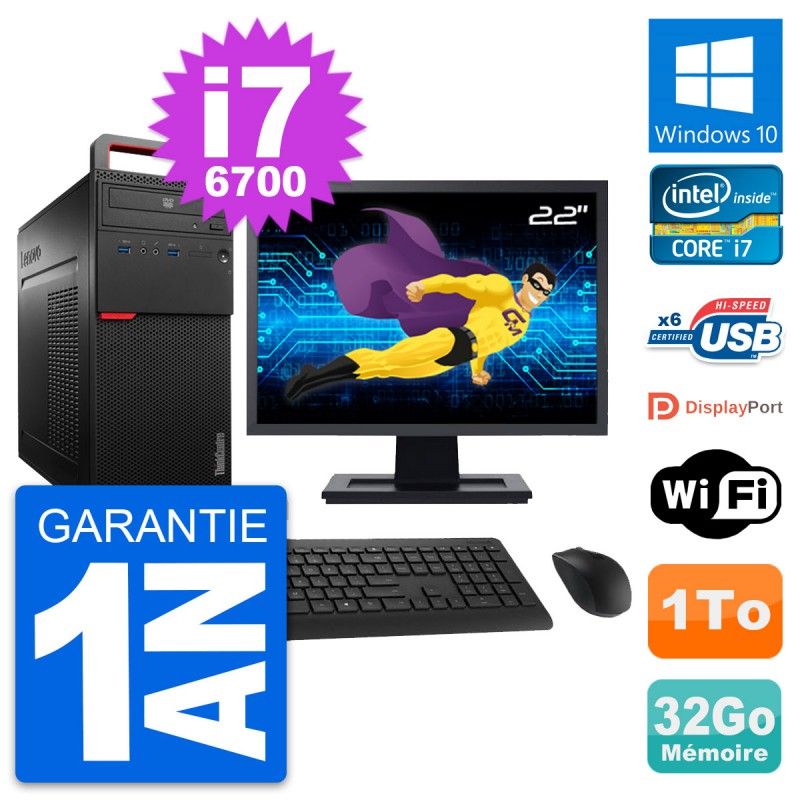 Computadora de escritorio Lenovo M700 - Pantalla de 22", Intel i7-6700, 32 GB de RAM, 1 TB de almacenamiento, Windows 10