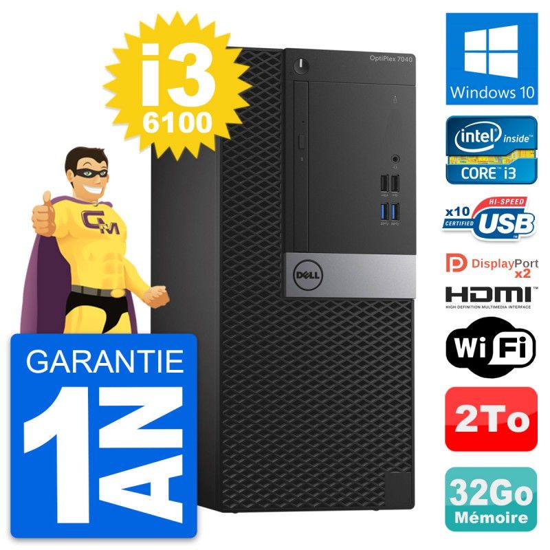 PC de escritorio Dell OptiPlex 7040 - Intel Core i3-6100, 32GB RAM, 2TB HDD, HDMI, WiFi