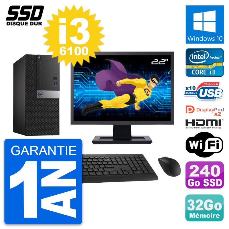 Computadora de escritorio Dell OptiPlex 7040, pantalla de 22', procesador Core i3-6100, 32 GB de RAM, 240 GB SSD, HDMI
