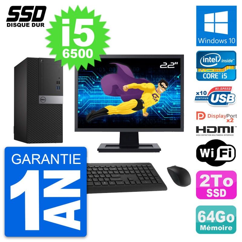 Computadora de escritorio Dell OptiPlex 7040 - Pantalla de 22", Procesador Intel i5-6500, 64 GB de RAM, 2 TB SSD, HDMI, Windows 10, Wi-Fi