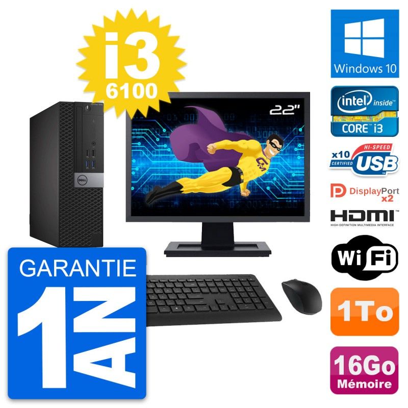 Dell OptiPlex 7040 SFF Computer - 22" Screen, i3-6100, 16GB RAM, 1TB HDD