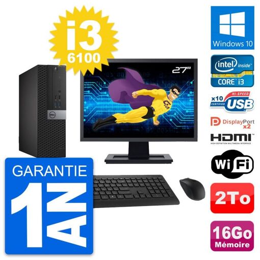 PC Dell OptiPlex 7040 SFF - Pantalla de 27'', i3-6100, 16GB RAM, 2TB HDD, HDMI, Wifi