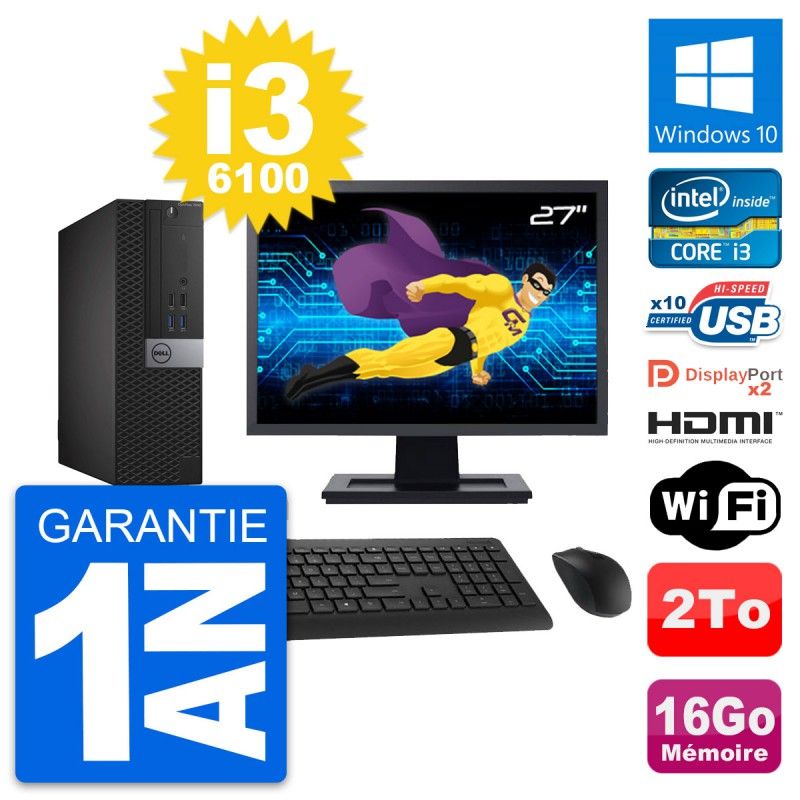 Dell OptiPlex 7040 SFF PC - 27" Screen, i3-6100, 16GB RAM, 2TB HDD, HDMI, Wi-Fi
