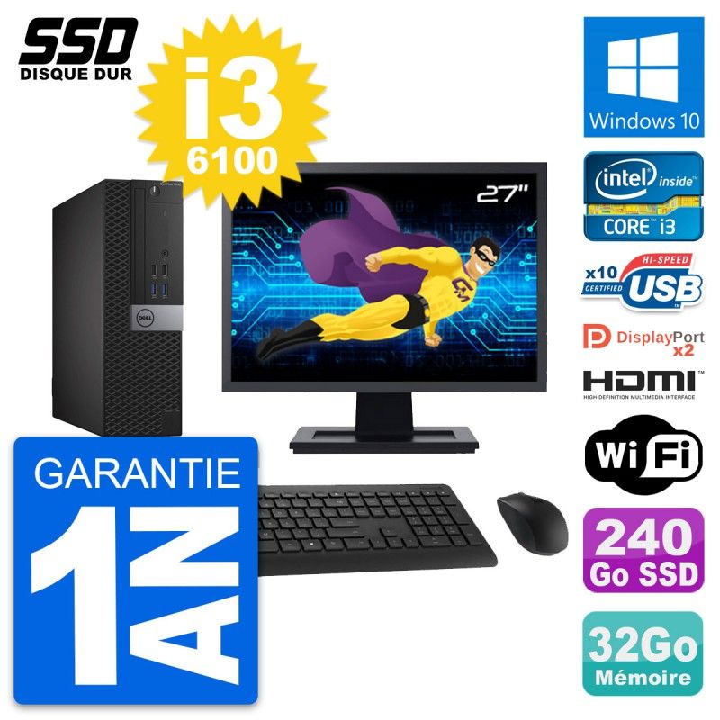 Dell OptiPlex 7040 SFF Computer - 27" Screen, Core i3-6100, 32GB RAM, 240GB SSD