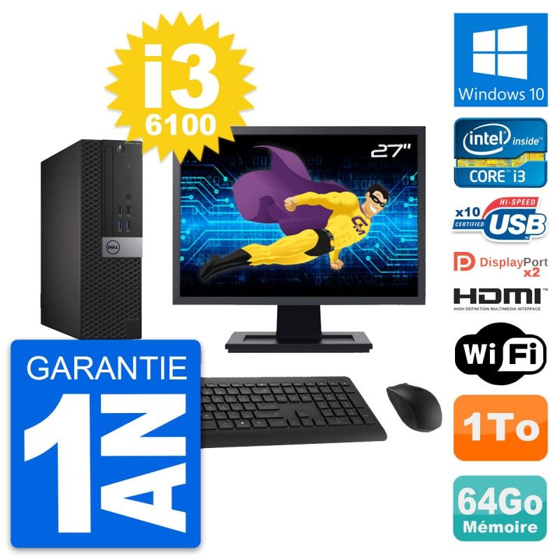Dell OptiPlex 7040 SFF Computer - 27" Screen, i3-6100, 64GB RAM, 1TB HDD, HDMI, Wi-Fi