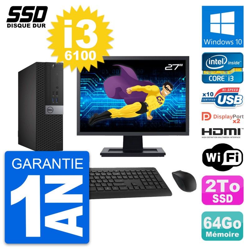 Dell OptiPlex 7040 SFF Computer - 27" Screen, Intel i3-6100, 64GB RAM, 2TB SSD, HDMI