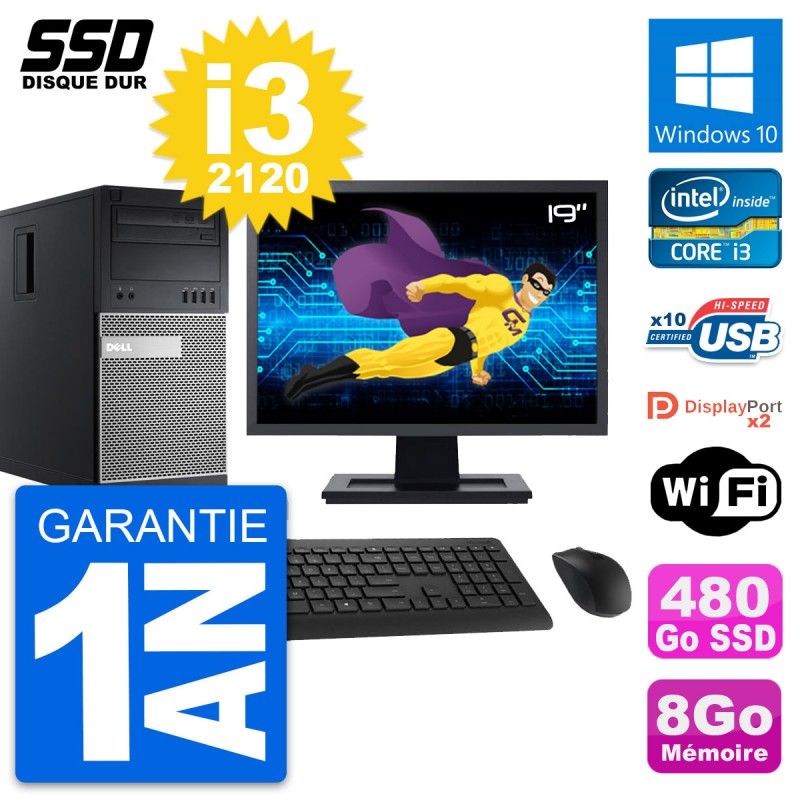Dell OptiPlex 9010 Desktop Computer, 19" Screen, i3-2120, 8GB RAM, 480GB SSD, Windows 10, WiFi