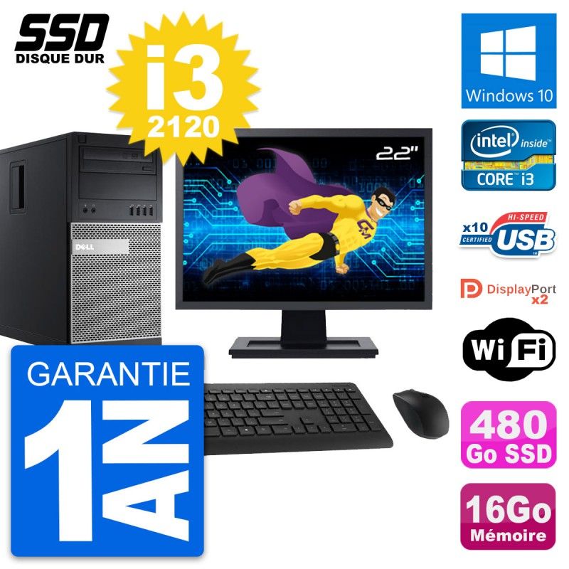 Dell OptiPlex 9010 Desktop Computer, 22" Screen, Intel i3-2120, 16GB RAM, 480GB SSD, Windows 10, WiFi