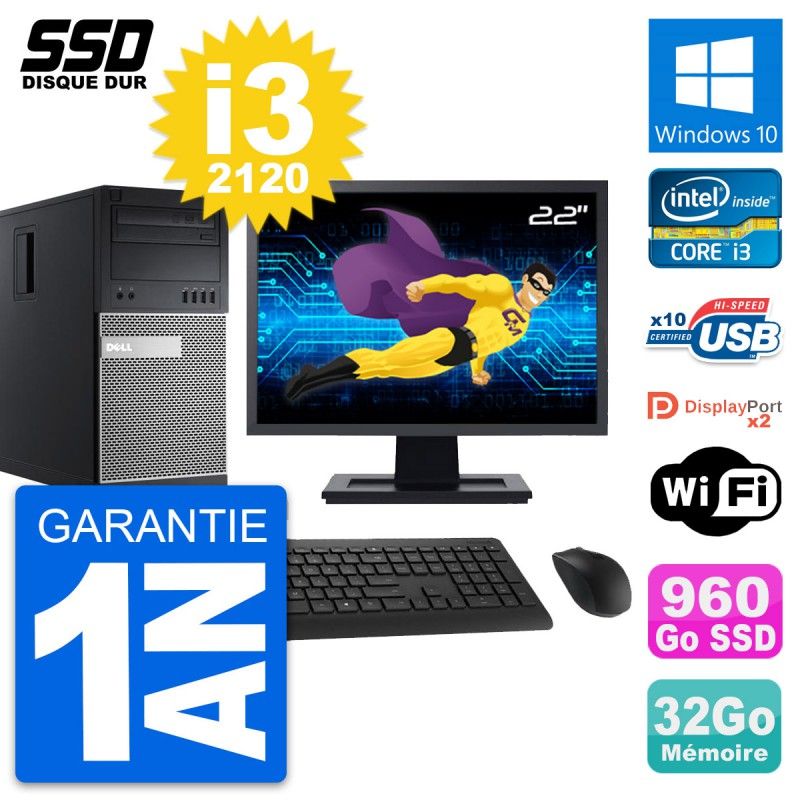 Dell OptiPlex 9010 Desktop PC - 22" Screen, Intel i3-2120, 32GB RAM, 960GB SSD, Windows 10, WiFi