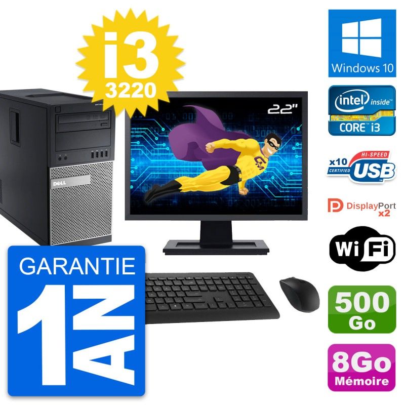 Dell OptiPlex 9010 Desktop PC - 22" Screen, Intel i3-3220, 8GB RAM, 500GB HDD, Windows 10, WiFi
