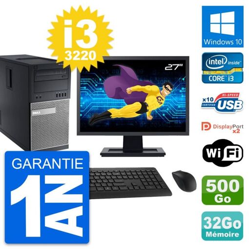 Dell OptiPlex 9010 Desktop PC - 27" Screen, Intel i3-3220, 32GB RAM, 500GB Storage, Windows 10, WiFi
