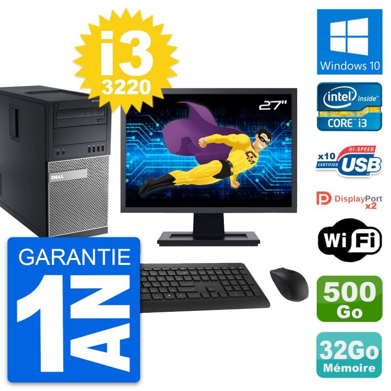 Dell OptiPlex 9010 Desktop PC - 27" Screen, Intel i3-3220, 32GB RAM, 500GB Storage, Windows 10, WiFi