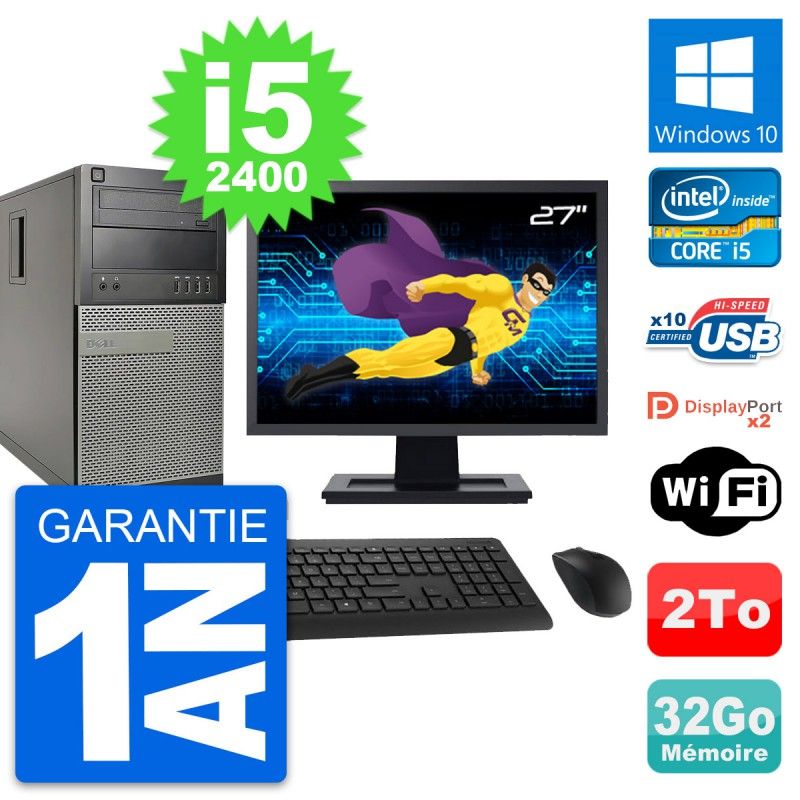 Dell OptiPlex 9010 Desktop PC - 27" Display, Intel i5-2400, 32GB RAM, 2TB Storage, Windows 10, WiFi