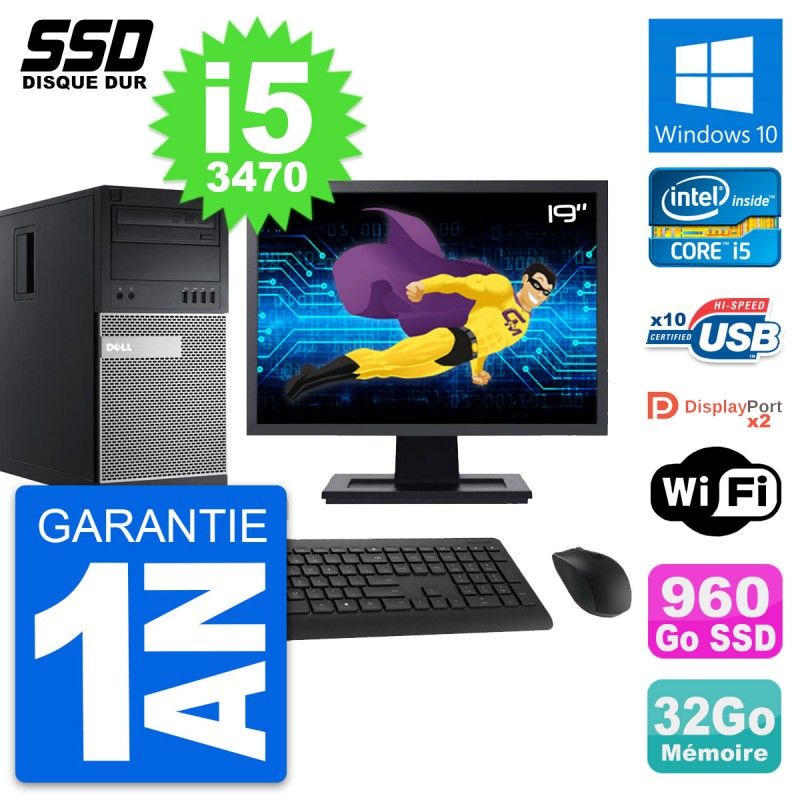Dell OptiPlex 9010 19-Inch PC Tower - Intel i5-3470, 32GB RAM, 960GB SSD, Windows 10, WiFi