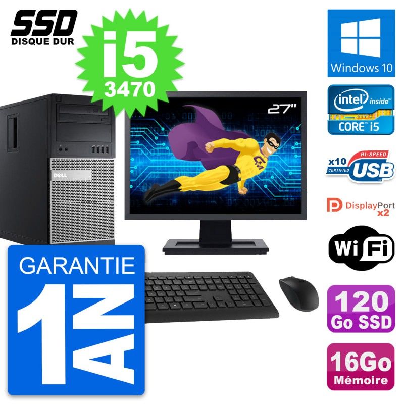 Dell OptiPlex 9010 27-inch PC Tower, Intel i5-3470, 16GB RAM, 120GB SSD, Windows 10, WiFi