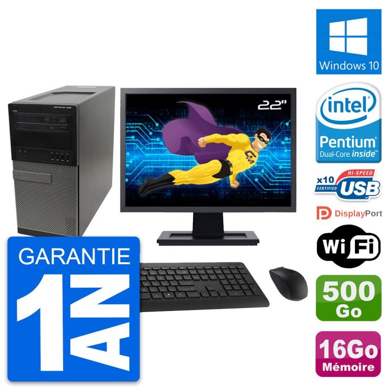 Dell OptiPlex 990 Desktop Computer, 22" Screen, Intel Pentium G630 2.7GHz, 16GB RAM, 500GB HDD, Windows 10, WiFi