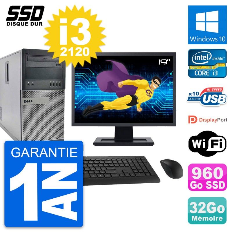 Dell OptiPlex 990 Desktop Computer, 19" Screen, Intel Core i3-2120, 32GB RAM, 960GB SSD, Windows 10, WiFi