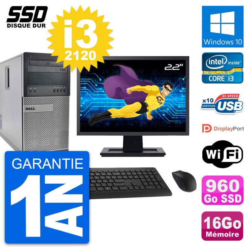 Dell OptiPlex 990 Desktop Computer, 22" Screen, Intel Core i3-2120, 16GB RAM, 960GB SSD, Windows 10, WiFi