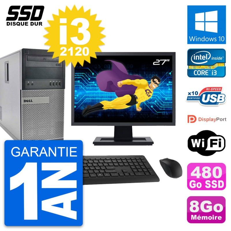 Dell OptiPlex 990 Desktop PC - 27" Screen, i3-2120, 8GB RAM, 480GB SSD, Windows 10, WiFi