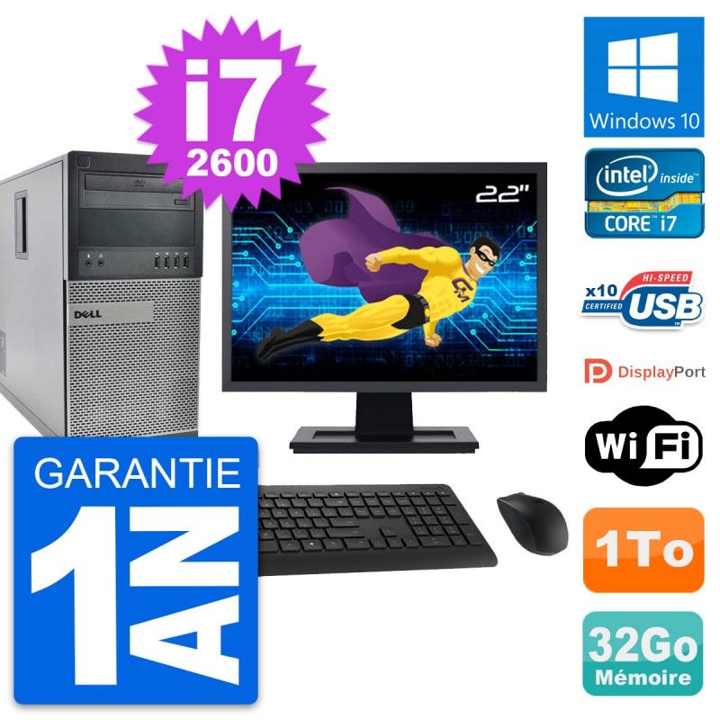 Dell OptiPlex 990 Desktop PC - 22" Screen, Intel i7-2600, 32GB RAM, 1TB HDD, Windows 10, WiFi