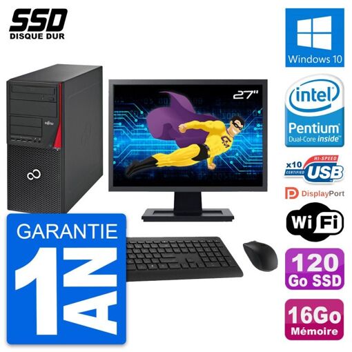 PC de torre Fujitsu P720 - Pantalla de 27 pulgadas, Intel G3220, 16 GB de RAM, 120 GB SSD, Windows 10, WiFi