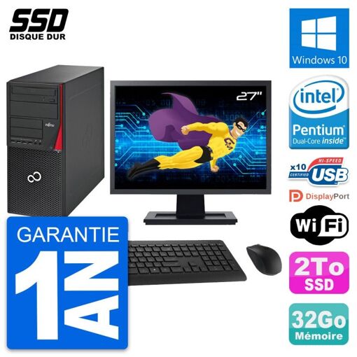 PC de torre Fujitsu P720 - Pantalla de 27'', Intel G3220, 32GB RAM, SSD de 2TB, Windows 10, WiFi