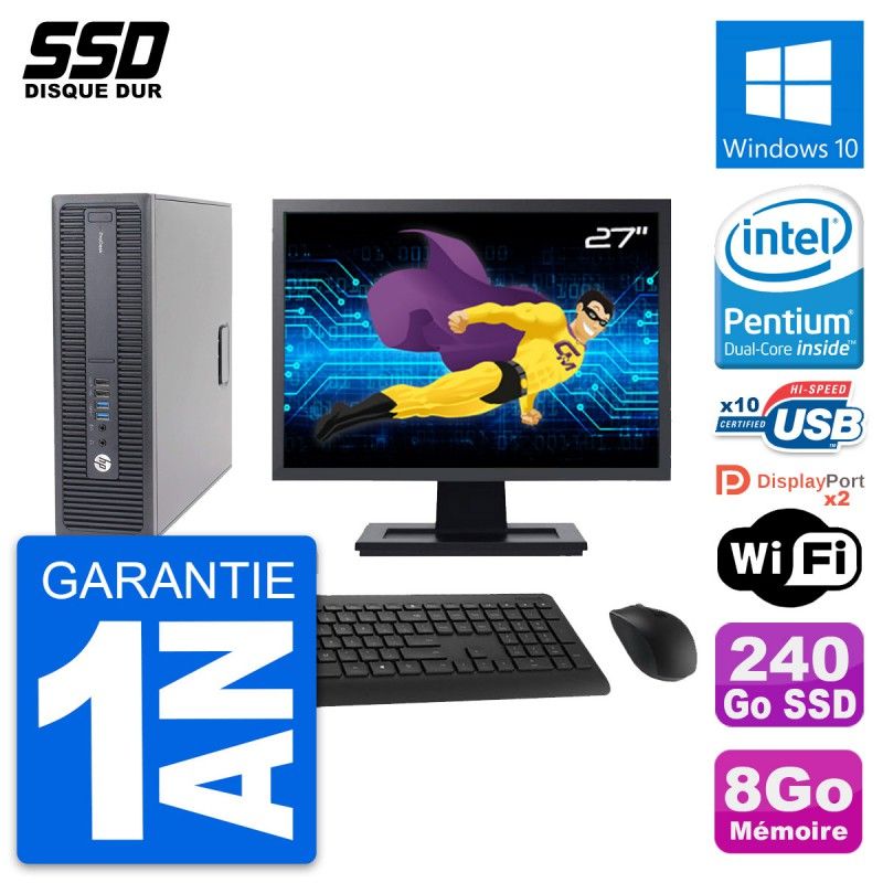 HP ProDesk 600 G2 SFF Desktop Computer, 27" Screen, Intel Pentium G4400, 8GB RAM, 240GB SSD, Windows 10, WiFi