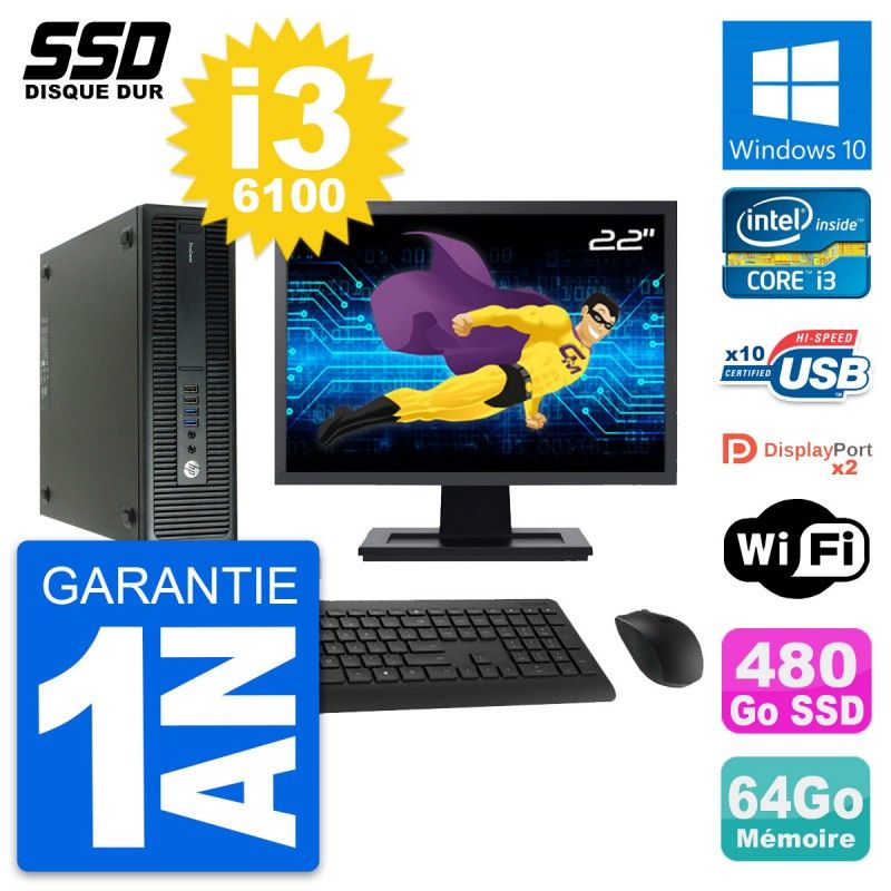 HP ProDesk 600 G2 SFF Desktop PC - 22" Screen, Intel Core i3-6100, 64GB RAM, 480GB SSD, Windows 10