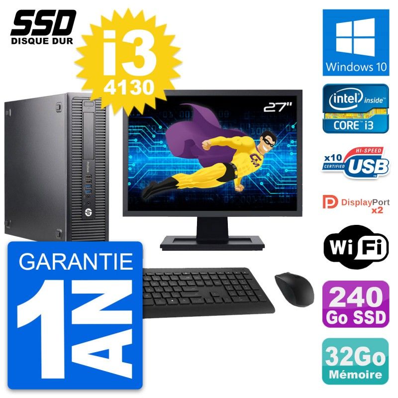 HP ProDesk 600 G1 SFF Desktop Computer - 27" Screen, Intel Core i3-4130, 32GB RAM, 240GB SSD, Windows 10, WiFi