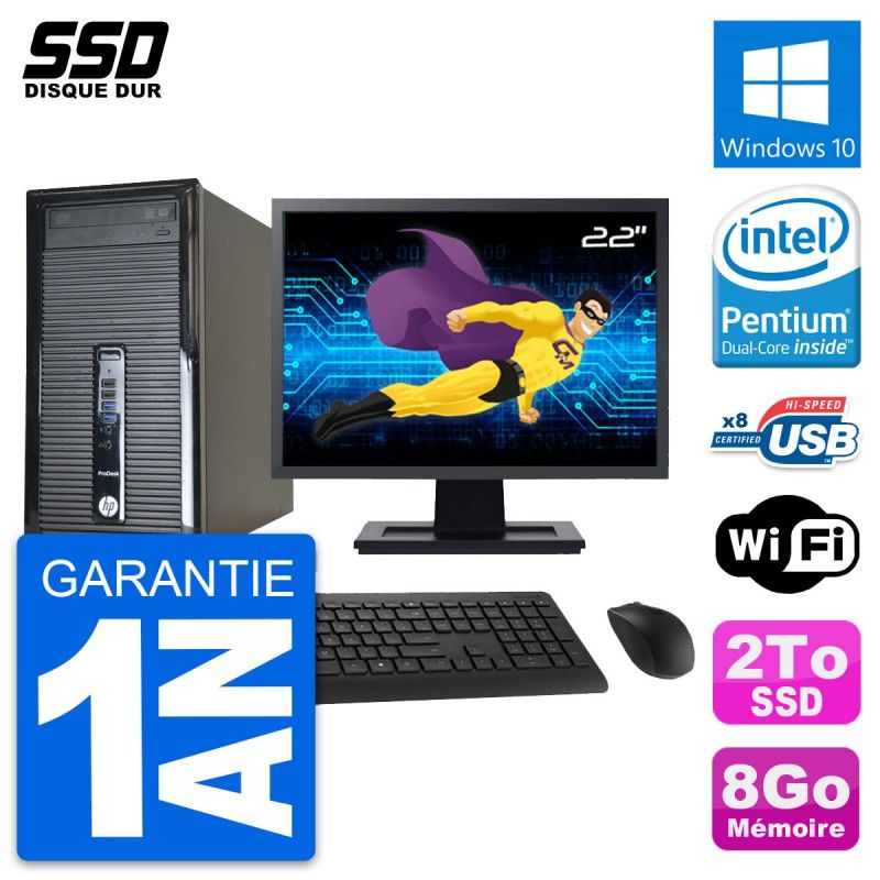 HP ProDesk 400 G1 Desktop PC - 22" Screen, Intel Pentium G3220, 8GB RAM, 2TB SSD, Windows 10, Wi-Fi