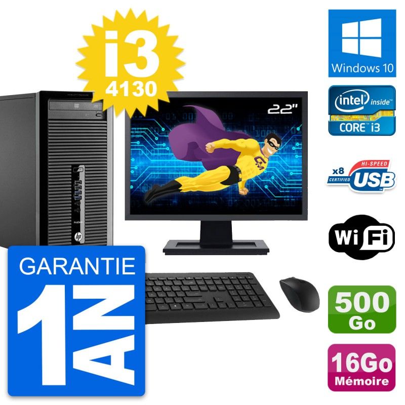 HP ProDesk 400 G1 Desktop Computer, 22" Screen, Intel i3-4130, 16GB RAM, 500GB HDD, Windows 10, WiFi
