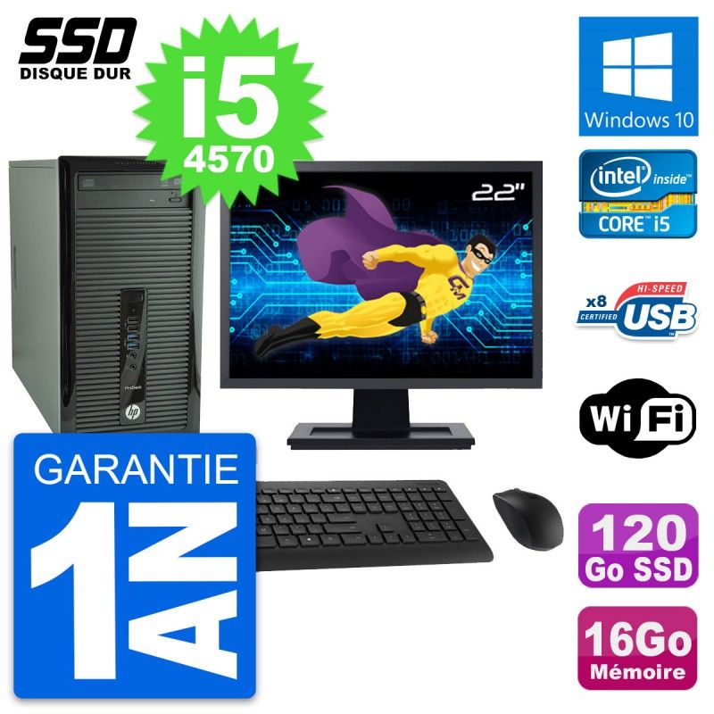 HP ProDesk 400 G1 Desktop PC - 22" Screen, Intel i5-4570, 16GB RAM, 120GB SSD, Windows 10, Wifi