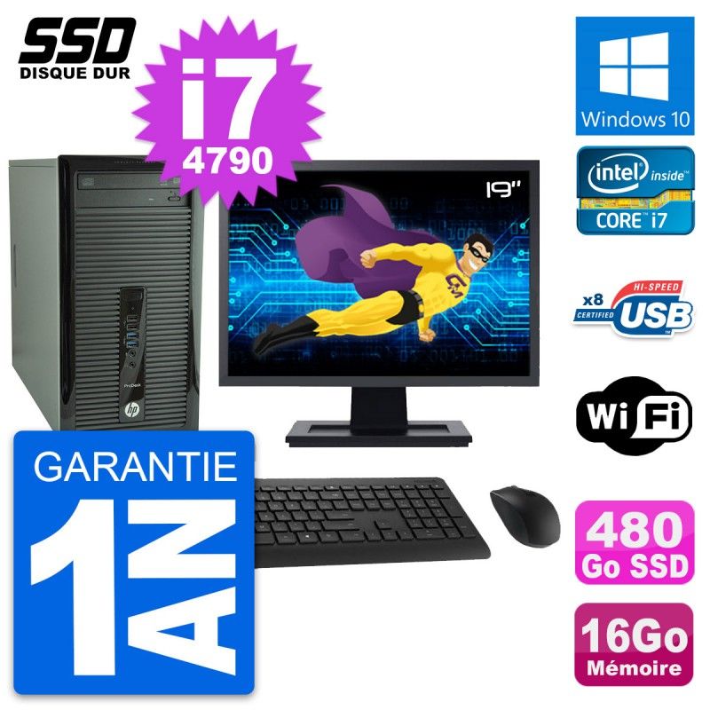 HP ProDesk 400 G1 Desktop Computer, 19" Screen, Intel i7-4790, 16GB RAM, 480GB SSD, Windows 10, Wifi