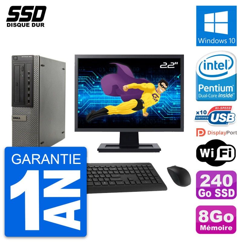 Dell OptiPlex 990 DT Desktop Computer, 22" Screen, Intel G630, 8GB RAM, 240GB SSD, Windows 10, Wifi
