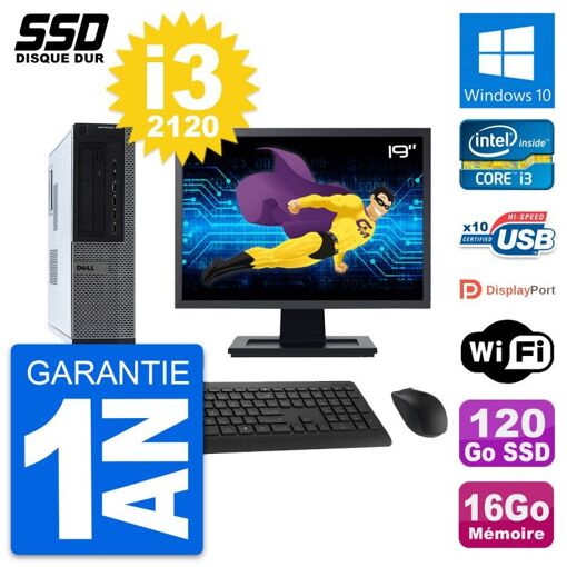 Dell OptiPlex 990 DT Desktop PC, 19" Screen, Intel Core i3-2120, 16GB RAM, 120GB SSD, Windows 10, WiFi