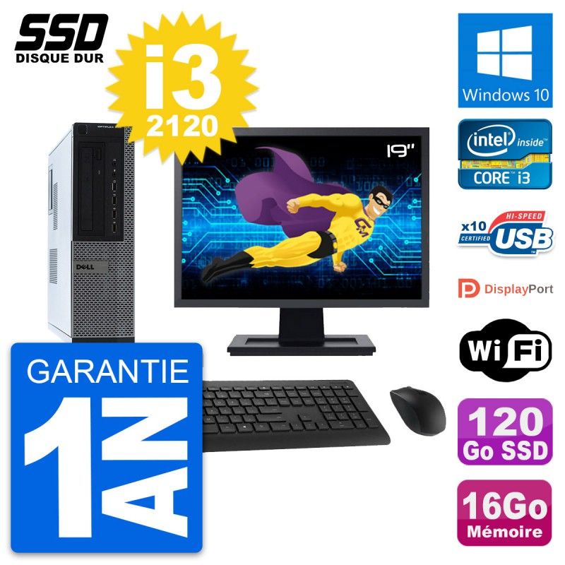 Dell OptiPlex 990 DT Desktop PC, 19" Screen, Intel Core i3-2120, 16GB RAM, 120GB SSD, Windows 10, WiFi