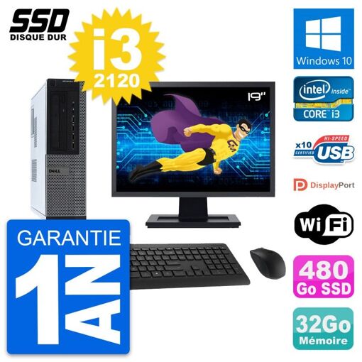 Dell OptiPlex 990 DT Desktop PC, 19" Screen, Intel Core i3-2120, 32GB RAM, 480GB SSD, Windows 10, WiFi