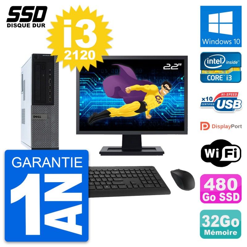 Dell OptiPlex 990 DT Desktop PC - 22" Screen, Intel Core i3-2120, 32GB RAM, 480GB SSD, Windows 10, WiFi