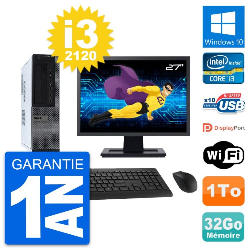 Dell OptiPlex 990 DT Desktop PC - 27" Screen, Intel i3-2120, 32GB RAM, 1TB HDD, Windows 10, WiFi