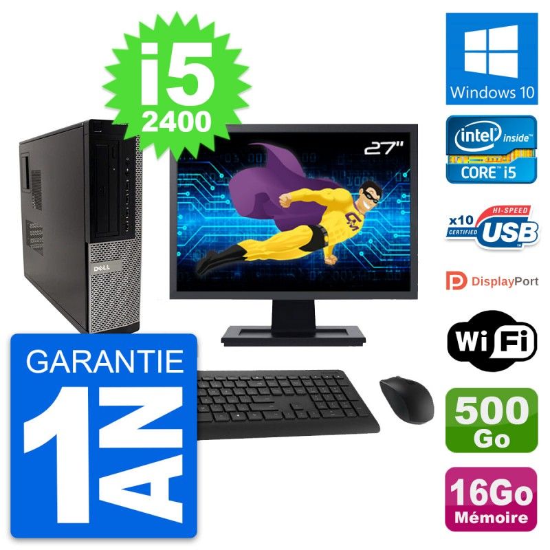 Dell OptiPlex 990 DT Desktop PC - 27" Screen, Intel i5-2400, 16GB RAM, 500GB HDD, Windows 10, WiFi