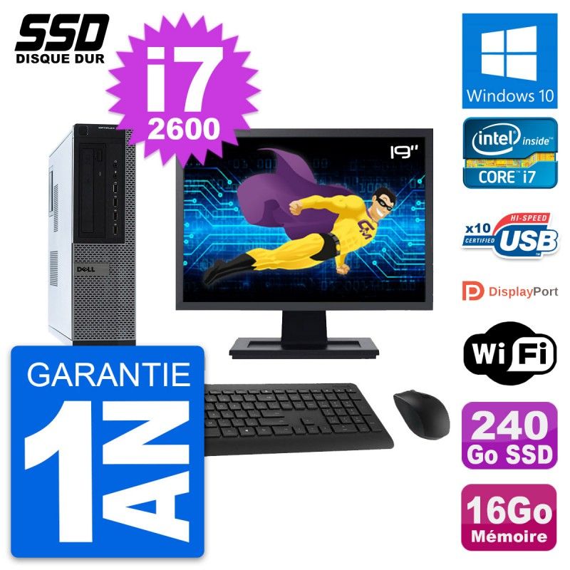 Dell OptiPlex 990 DT Desktop Computer, 19" Screen, Intel Core i7-2600, 16GB RAM, 240GB SSD, Windows 10, WiFi