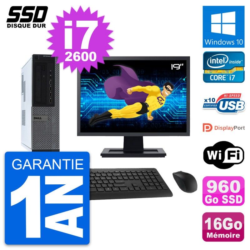 Dell OptiPlex 990 DT Desktop PC - 19" Screen, Intel Core i7-2600, 16GB RAM, 960GB SSD, Windows 10, WiFi