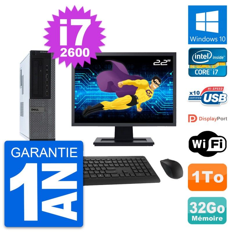 Dell OptiPlex 990 DT Desktop PC - 22" Screen, Intel i7-2600, 32GB RAM, 1TB HDD, Windows 10, WiFi
