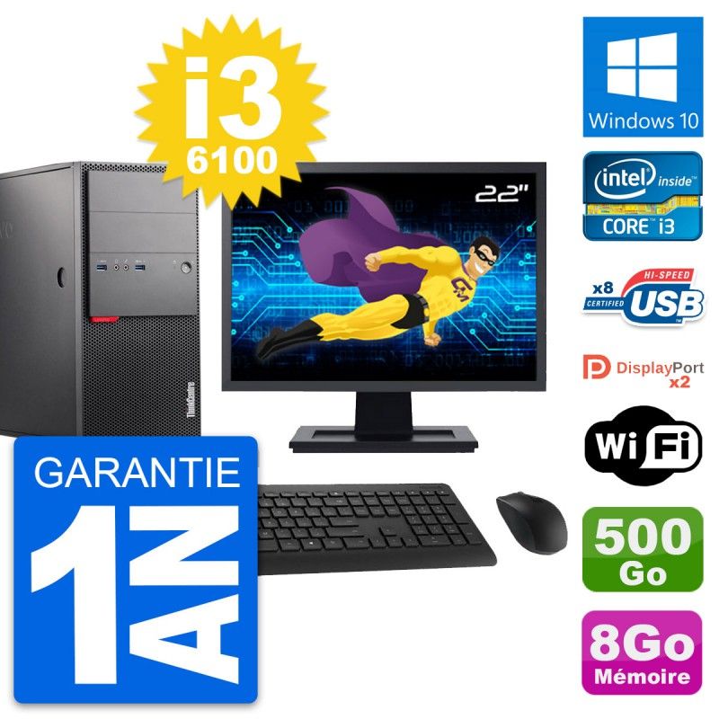 Lenovo M900 Desktop PC - 22" Screen, Intel i3-6100, 8GB RAM, 500GB HDD, Windows 10, WiFi
