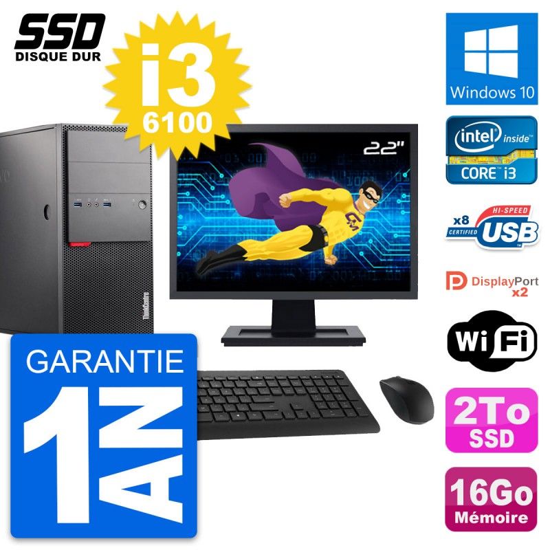 Lenovo M900 Desktop Computer, 22" Screen, Intel i3-6100, 16GB RAM, 2TB SSD, Windows 10, WiFi
