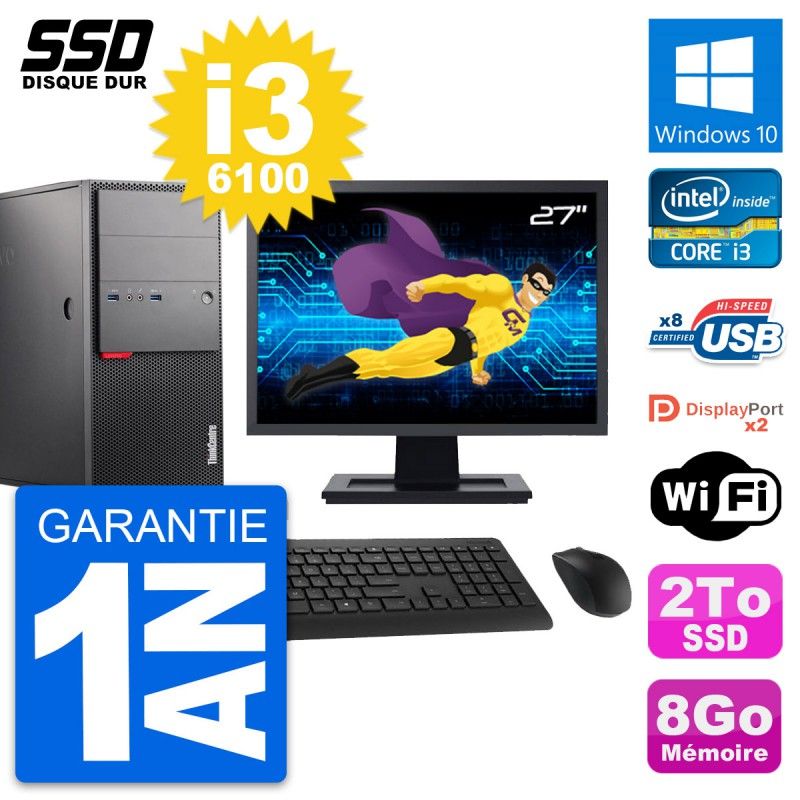 Lenovo M900 Desktop PC - 27" Screen, Intel i3-6100, 8GB RAM, 2TB SSD, Windows 10, WiFi
