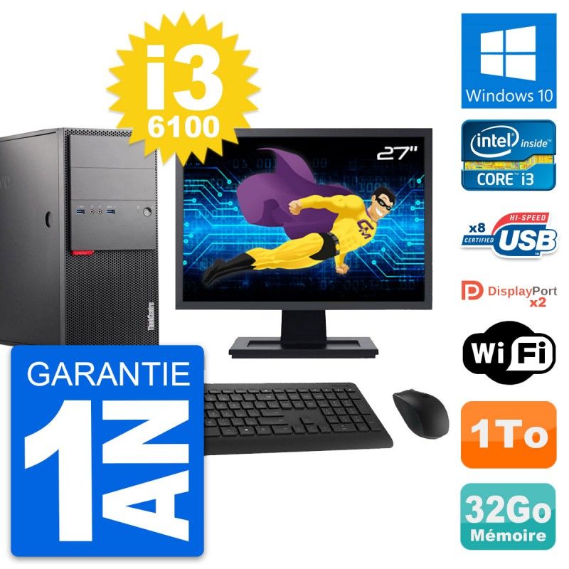 Lenovo M900 Desktop Computer, 27" Screen, Intel i3-6100, 32GB RAM, 1TB Storage, Windows 10, WiFi