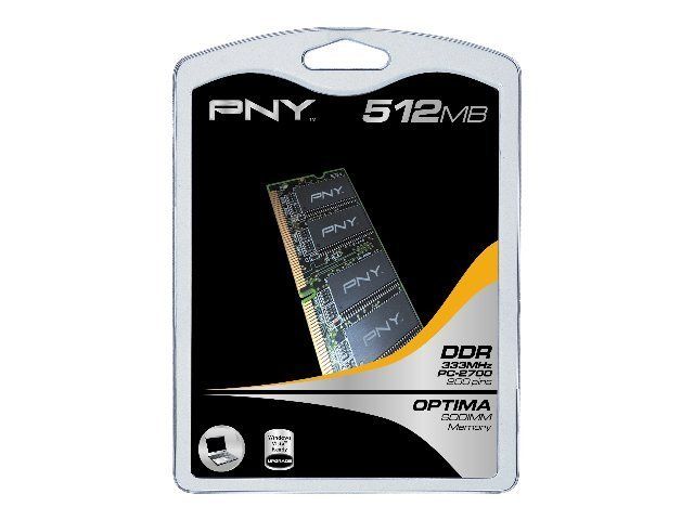 PNY 512MB SO-DIMM DDR3 Memory (200-Pin, 333MHz/PC2700, Unbuffered, Non-ECC)