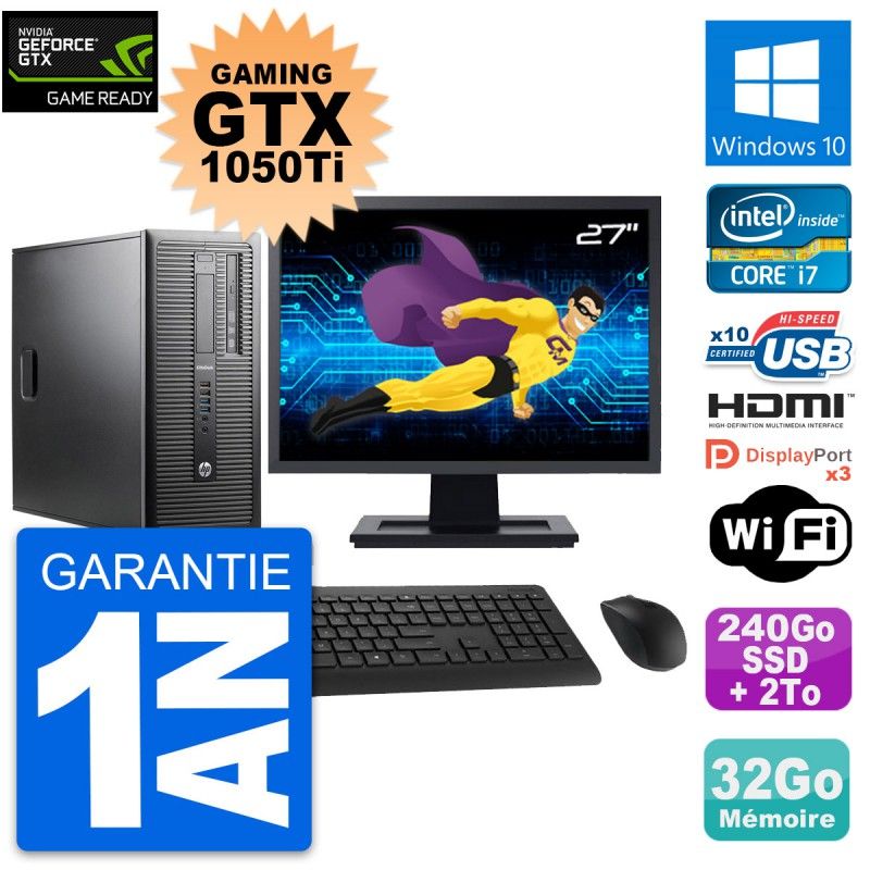 HP EliteDesk 800 G1 Gaming PC - 27" Full HD, i7-4790, 32GB RAM, 240GB SSD + 2TB HDD, GTX 1050Ti